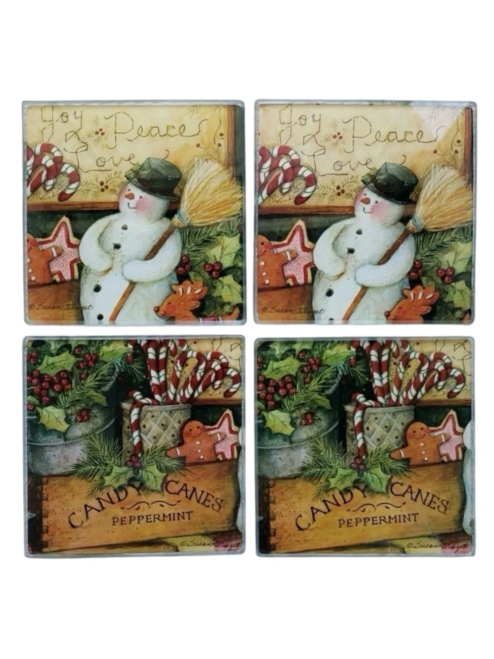 Susan Winget Holiday Snowman & Candy Cane Coasters - Set of 4, Red & Green